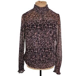 ADRIANNA PAPELL Animal Print Shimmery Chiffon Plissé Blouse Women's Medium